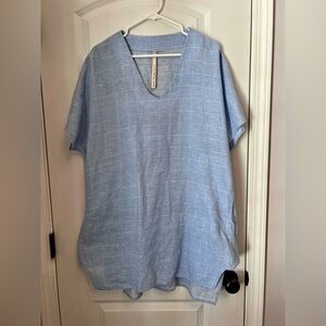 Uncle Frank Light Blue Plaid V-Neck Blouse